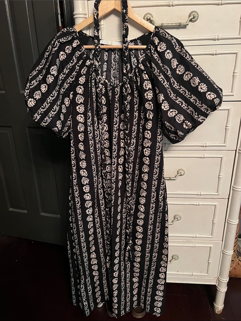 Marie Oliver Black and Tan Blockprint Tie Dress